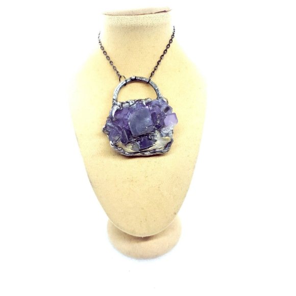 Huge Purple Flourite Octohedral crystal necklace  handmade gothic fantasy metal - Picture 11 of 12